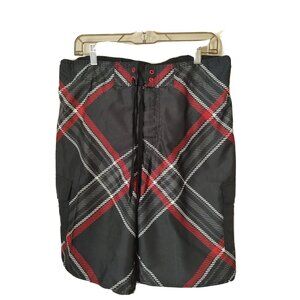 Hang Ten Mens Large Swim Trunks Board Shorts Red Black Geometric Cargo Pockets